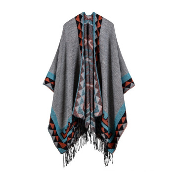 Bloc de couleur pour femmes Ouverture avant Couverture Poncho Bohemian Cashmere Comme Cape Épais Hiver Chaud Étole Throw Poncho Wrap Shawl (SP233)